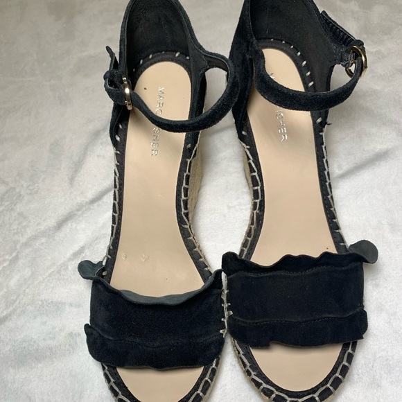 Marc‎ Fisher Espadrille Wedge Sandals Size 9 Black Suede Ruffle Strap & Buckle. - Picture 1 of 6